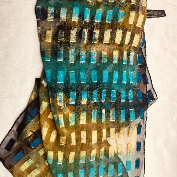 Vintage Modernist Geometric Scarf — Blue, Green & Gold Pattern - Picture 2 of 16